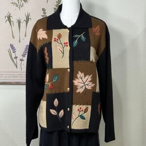 Vintage 90s Y2k Fall Leaves Embroidered Patchwork Cardigan Sweater Cottage XL